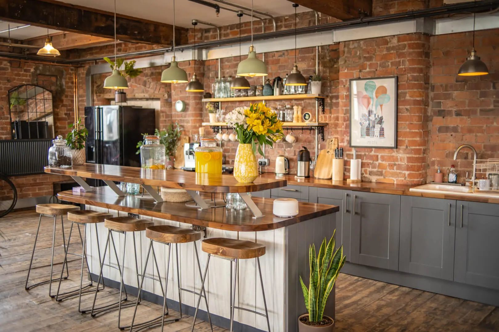 An industrial loft with a kitchen
